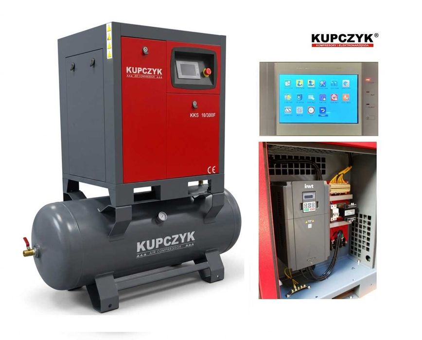 Kompresor Śrubowy Falownik 7,5 kw zbiornik 270l wydajność 360-950 l/min Kupczyk