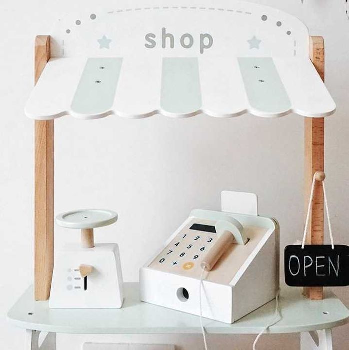 Nowy sklepik dla dzieci drewniany warzywniak stragan z wózkiem