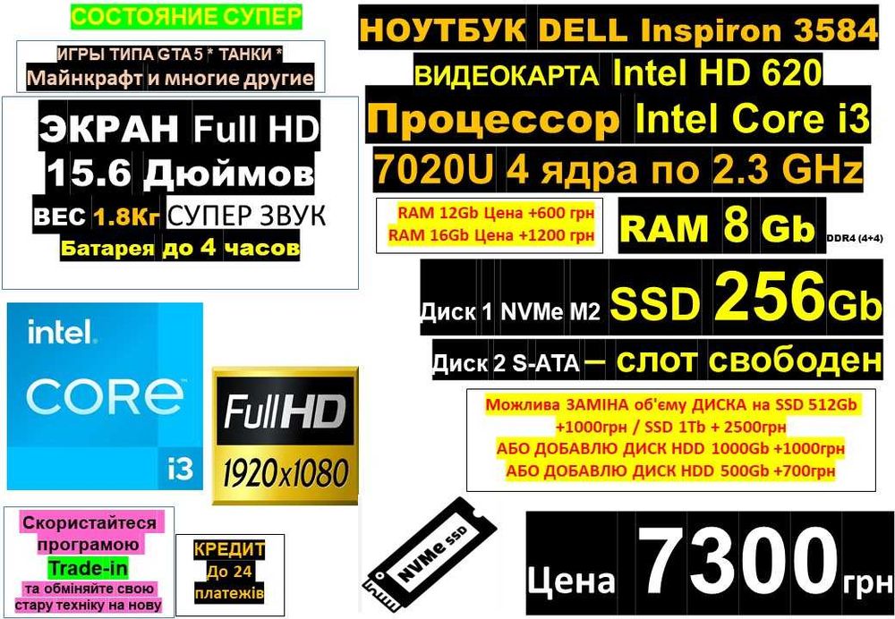 є90 Ноутбуків‼️Traid-In‼️DELL‼️15.6 FulHD core i3 4ядра/SSD256/RAM8-16
