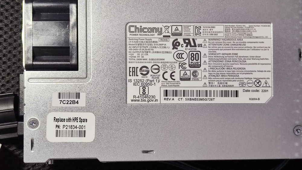 HPE Proliant DL20 Gen9 Power Supply 290W 100-240V