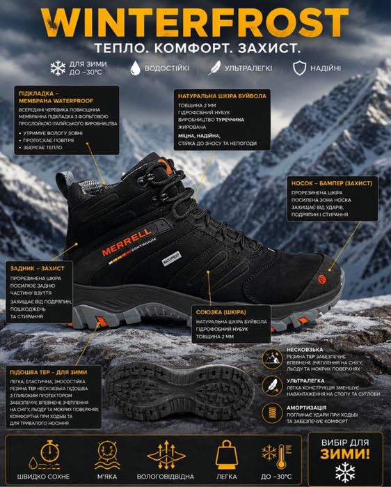 Зимові черевики Merrell Waterproof, натуральна шкіра, до −30°C Зимние ботинки Merrell   Waterproof, натуральная кожа, до -30°C