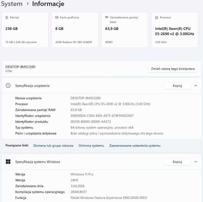 Gamingowy komputer czarny/biały. M.2 NVMe, dysk 2TB RX580 8GB, 64GB RAM, 10 rdzeni+akcesoria