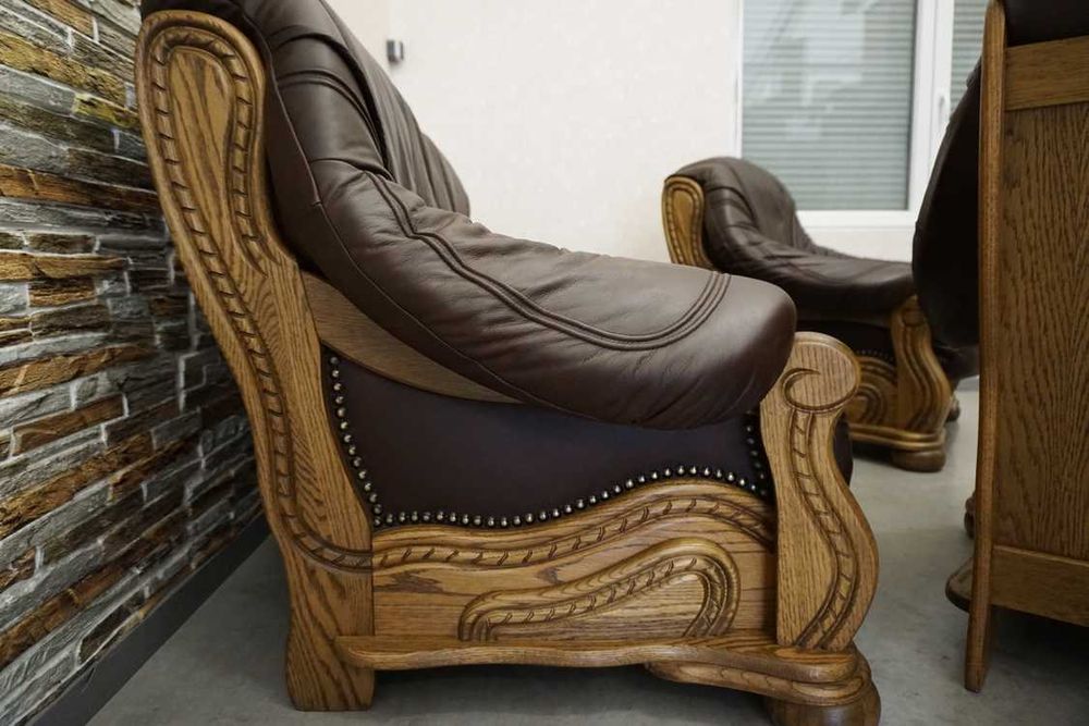Zestaw Wypoczynkowy na Stelażu Dębowym Sofa Skóra Skórzana naturalna 3  + 1 + 1   ( W-1144 )