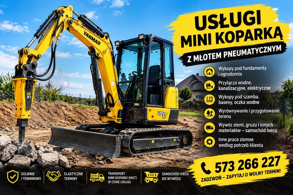 Usługi  mini koparki  wraz z młotem