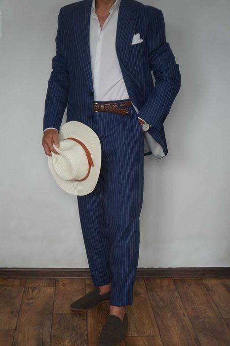 Bytom Garnitur Męski 182/100/96 Granatowy Prążki 100% Len Letni Elegancki Premium