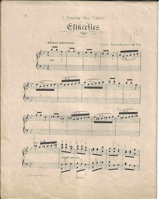 PIANO: Partitura Antiga de "Étincelles", de Moszkowski. Ed. Heinauer. Carimbo Sassetti