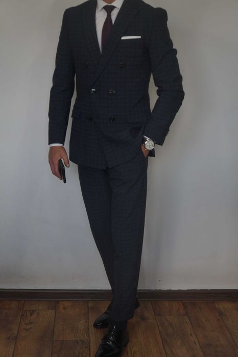 Jack&Jones Dwurzędowy Garnitur krata Rozmiar 46 Granatowy Elegancki Premium