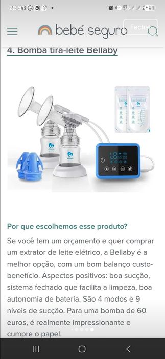 Bomba extração de leite materno - Bellababy - Nova