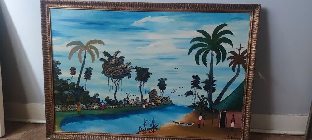 Quadro Tropical com Rio e Palmeiras – Pintura Original à Mão