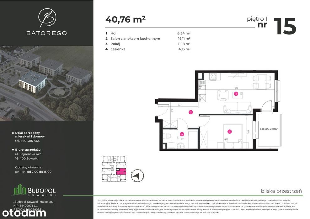 Apartament D15 2 pokoje | 40.76 m² | Niska zabudowa z windą | Batorego