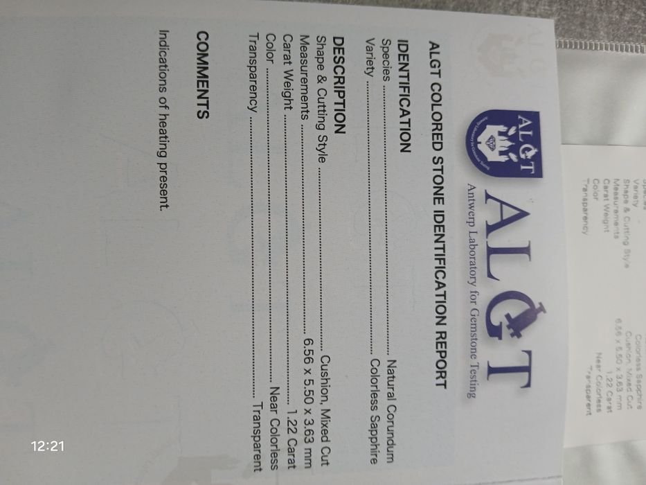 Kamień Szafir bezbarwny 1, 22 ct