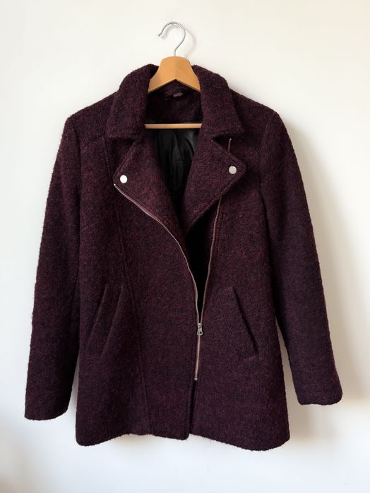 Wełniana ramoneska kurtka burgundowa wełna H&M 36 S boucle kieszenie