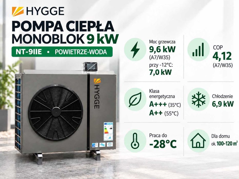 Pompa ciepła HYGGE monoblok 9 kW NOWA sprężarka Panasonic inwerter A+++
