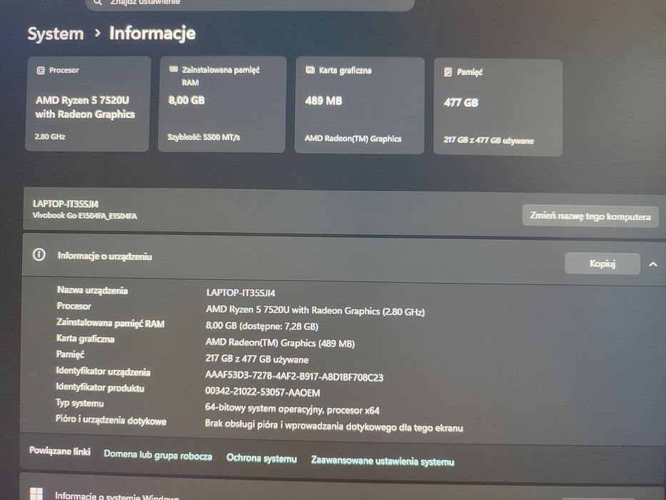 ASUS Vivobook Go 15 E1504FA – Ryzen 5 / 8 GB / 512 GB SSD – bez matrycy