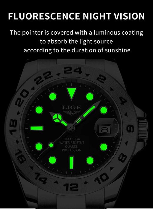 Zegarek Lige kwarcowy masywny datownik lupa bransoleta luma WR30 BOX