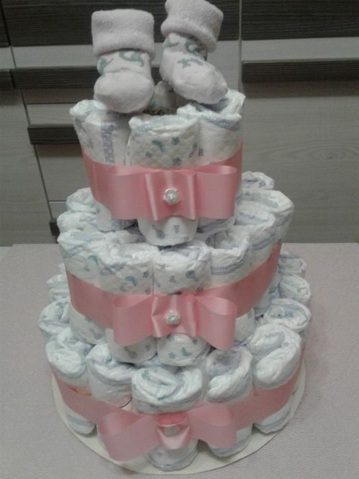 3 poziomowy tort z pieluszek/pampersów idealny na prezent chrzest