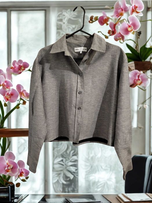 Нова жіноча льняна сіра сорочка кроп Zara, розмір M.