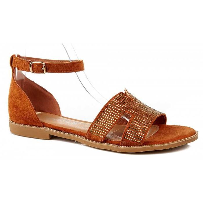 Sandały damskie zamszowe na płaskim obcasie brąz camel 37