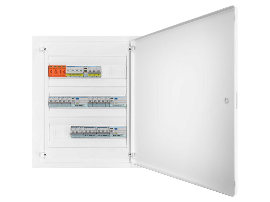 Rozdzielnica podtynkowa, kompletna z zabezpieczeniami 3x18 modułów
