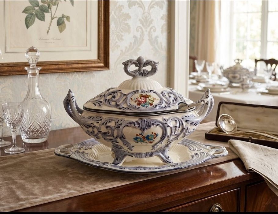 Terrina Antiga com Apresentador – Estilo Rococó / Floral (Impecável)