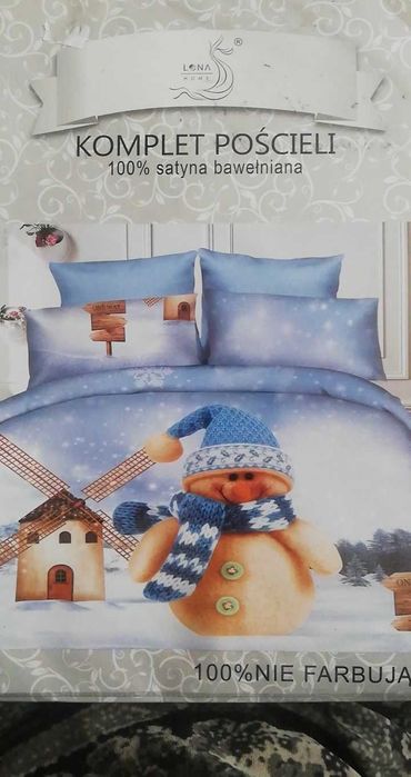 Pościel świąteczna niebieska z bałwankiem 160/200