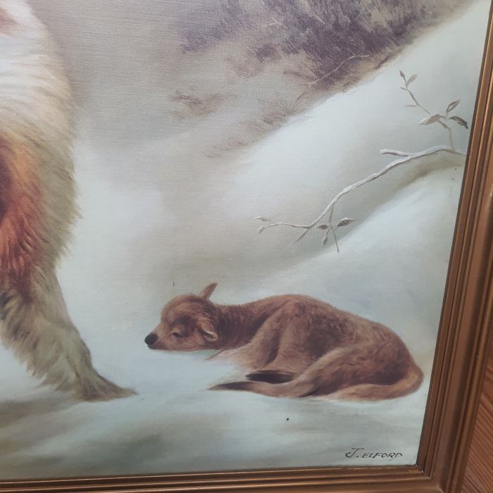 Painting Featuring a Dog and a Lamb in the Snow64584403536257122