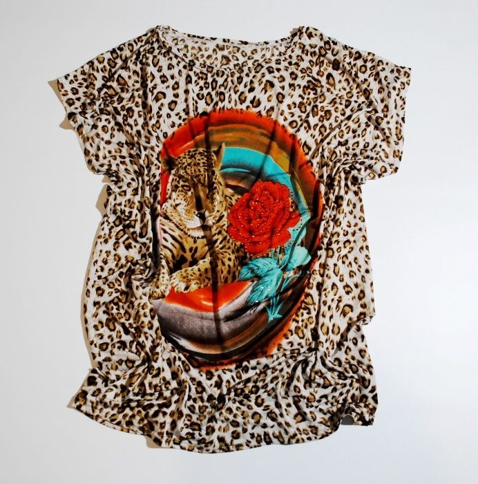 Футболка 2XL 3XL 4XL женская леопардовая удлиненная туника стразы