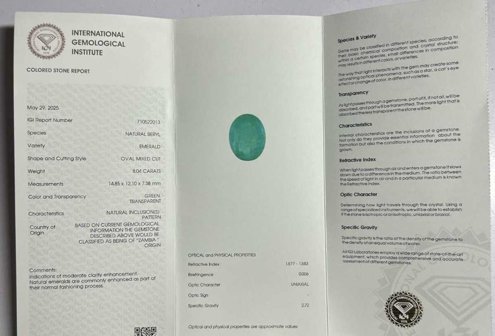 Naturalny szmaragd 8.04 carata - certyfikat IGI, Zambia Piękny kolor!