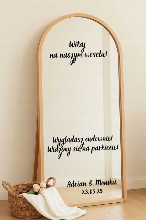 Powitanie gości na weselu naklejka lustro na stojaku