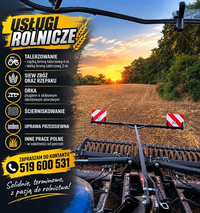 Uslugi rolnicze: Orka, siew zboż i rzepaku, scierniskowanie, uprawa, talerzowanie