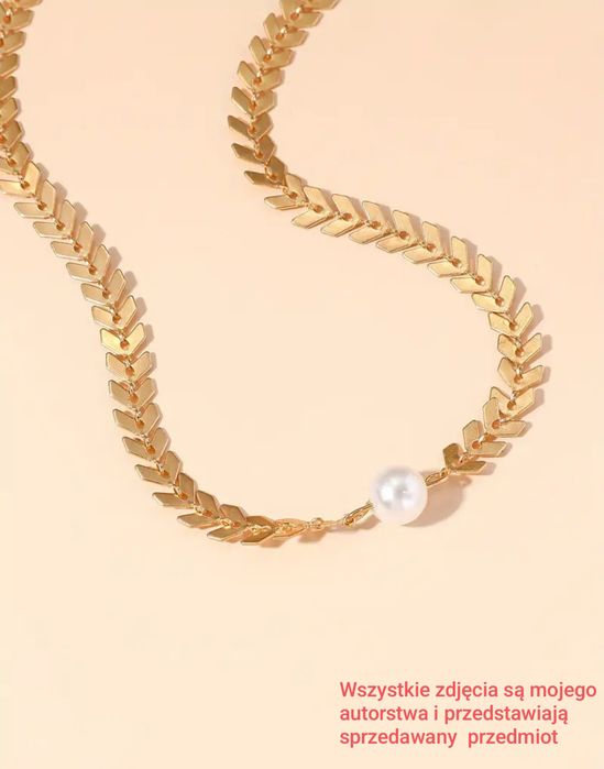 Elegancki Złoty Naszyjnik Choker z Perłą - Modny Wzór Herringbone