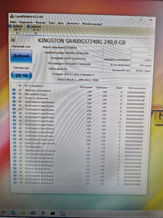 Ssd 240gb Kingston 240gb Стан гарний ссд диск для ноутбука та ПК
