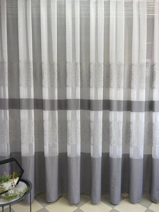 Тюль бамбук з вишивкою та атласною стрічкою