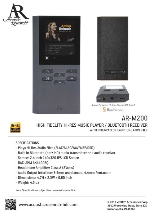 Плеер Acoustic Research® Hi-Res Клас A + BluetoothHD + Pentacon 4
