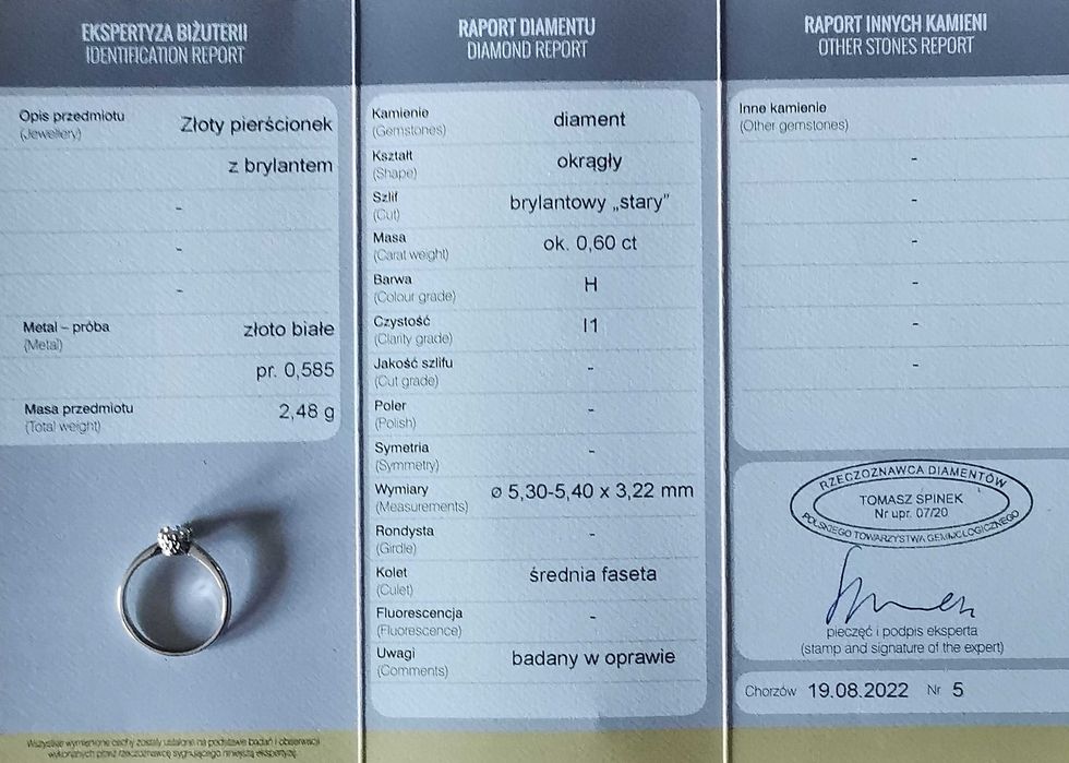 Pierścionek z brylantem 0,6ct białe złoto 585