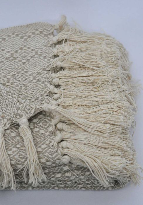 Koc bawełniany Liv 150x200 narzuta boho dwustronna frędzle beżowy ecru