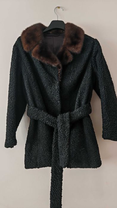 Шуба з норки та каракуль натуральне хутро під пояс