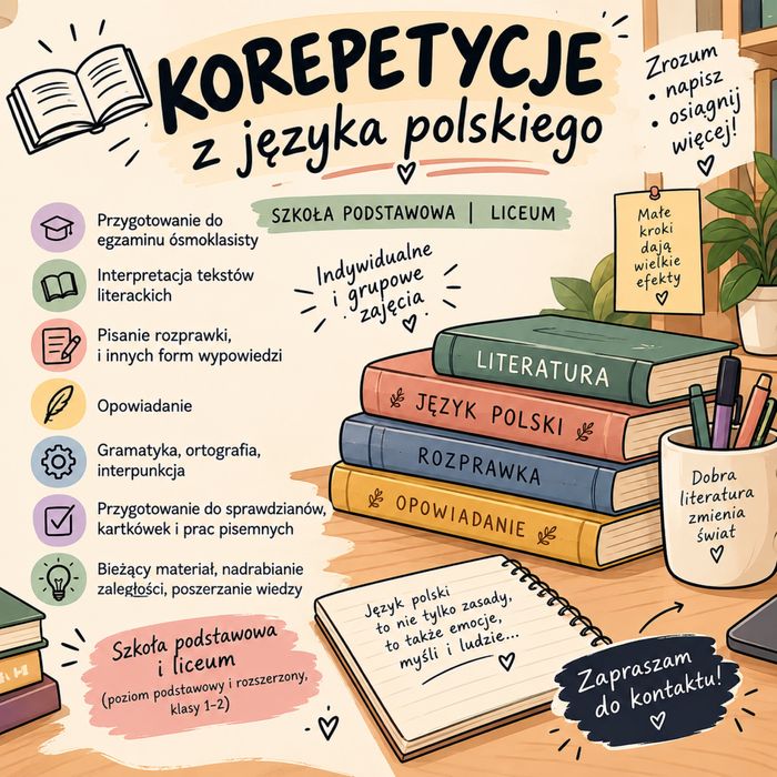Korepetycje język polski klasy 4-8/egzamin ósmoklasisty + szkola srednia!!!