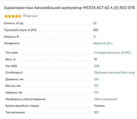 WESTA 6CT-63 А, EFB , НОВИЙ (Липень 2024р.)