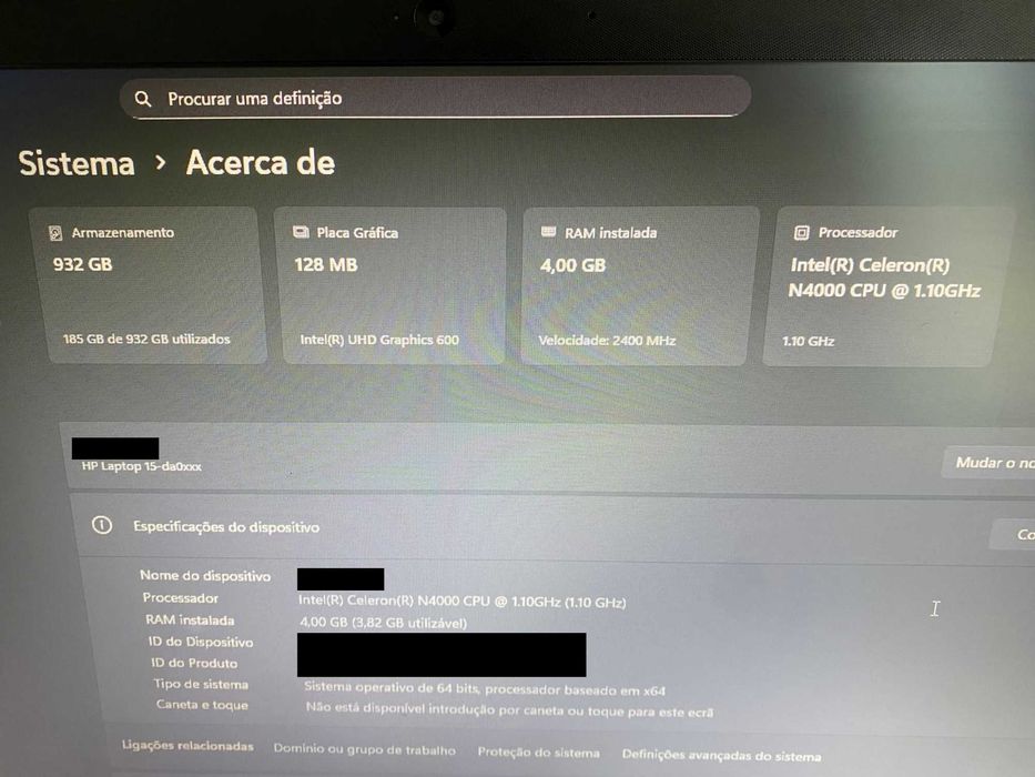 Portátil HP 15-da0xxx Intel Celeron N4000 CPU, 1TB, 4GB como novo