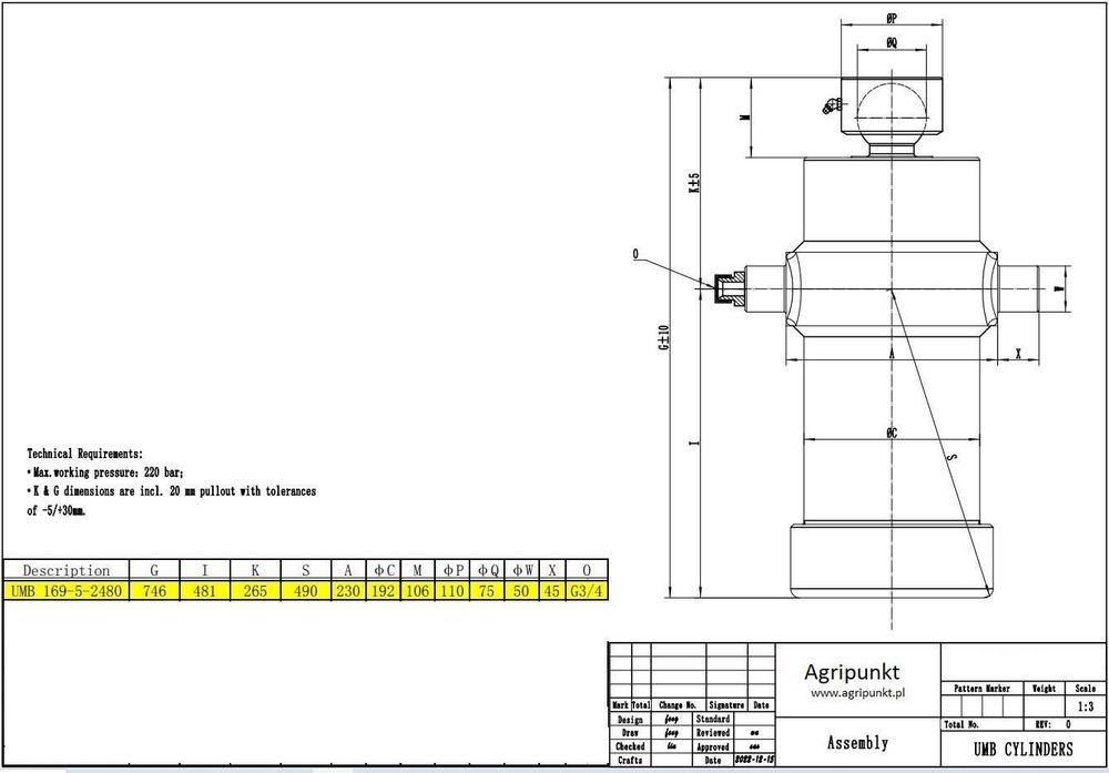 Siłownik wywrotu UMB LZM do przyczepy 25/39 Ton, 5-sekcyjny, skok 2480mm