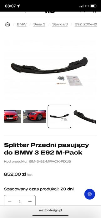 Dokładka zderzaka spliter Maxton BMW e92/93 M-pack M3 M-performance