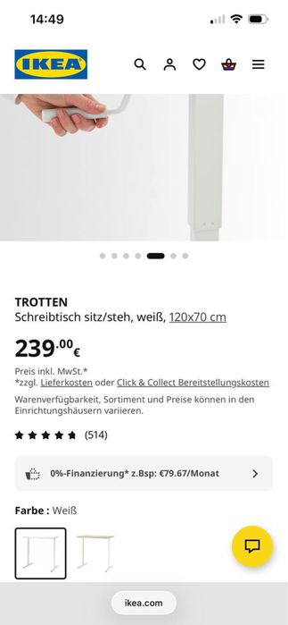 Novo TROTTEN secretária de pé/sentado IKEA, branca, 120x70 cm.  NOVO