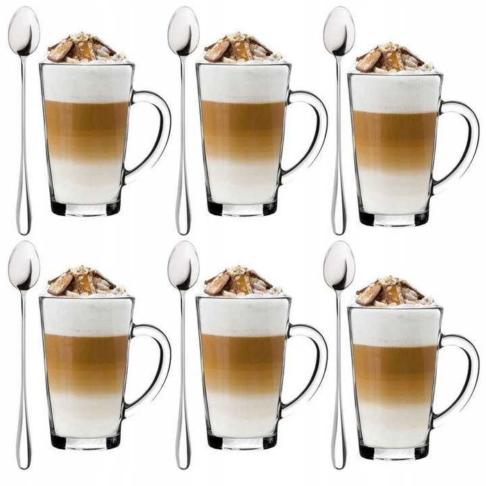 Nowe Szklanki Do Kawy Latte + łyżeczki Zestaw Szklanek Na Kawę X6