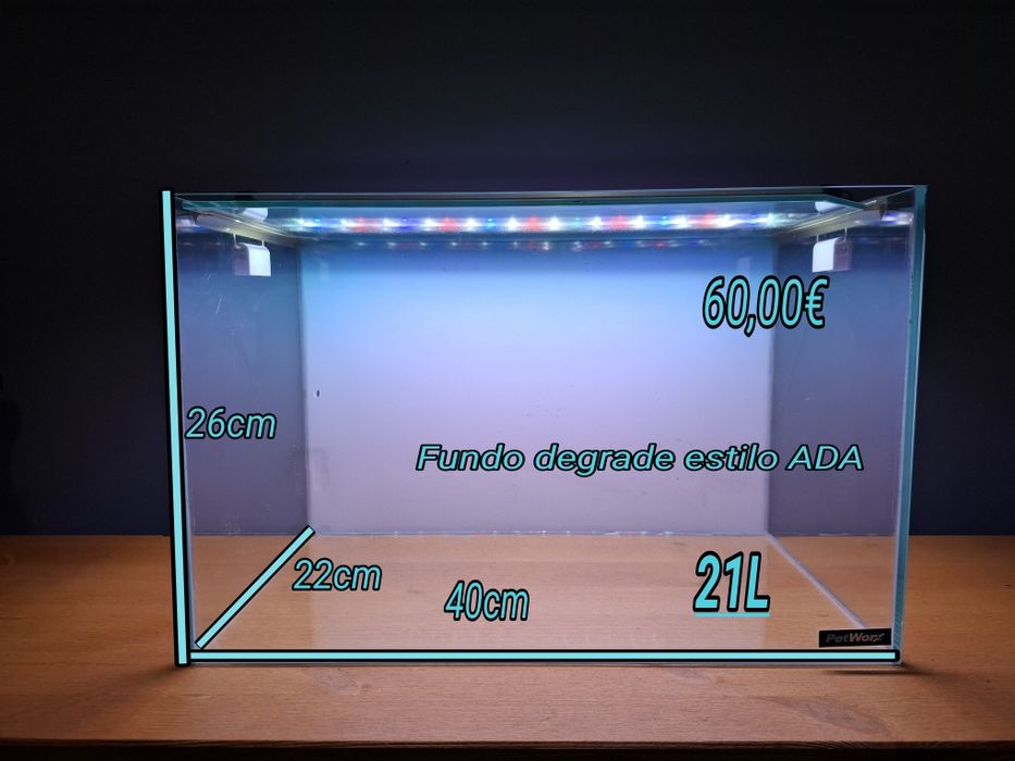 Aquário em vidro, com tampa + iluminação RGB