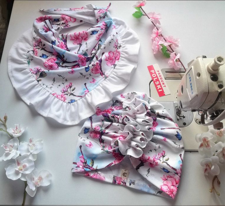 Czapka turban w kwiaty + chusta wiązana z falbanką - hand made -