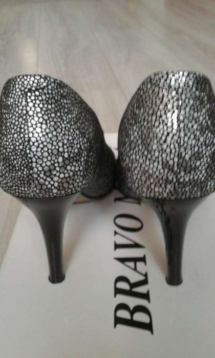 Czarno srebrne szpilki skóra naturalna 35