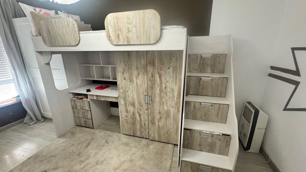 Cama Alta Juvenil Completa com Secretária, Roupeiro e Arrumação