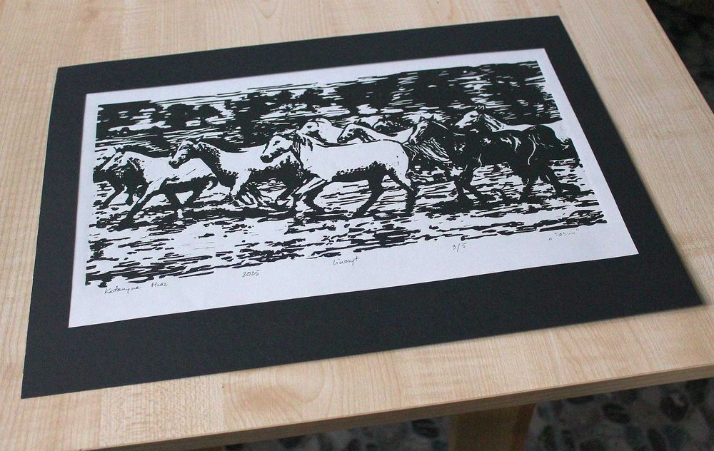 linoryt grafika konie tabun koni oryginalna odbitka A3 koń