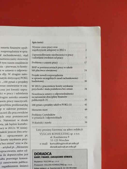 Doradca. Kadry, finanse, zarządzanie oświatą, Vulcan, styczeń 2012